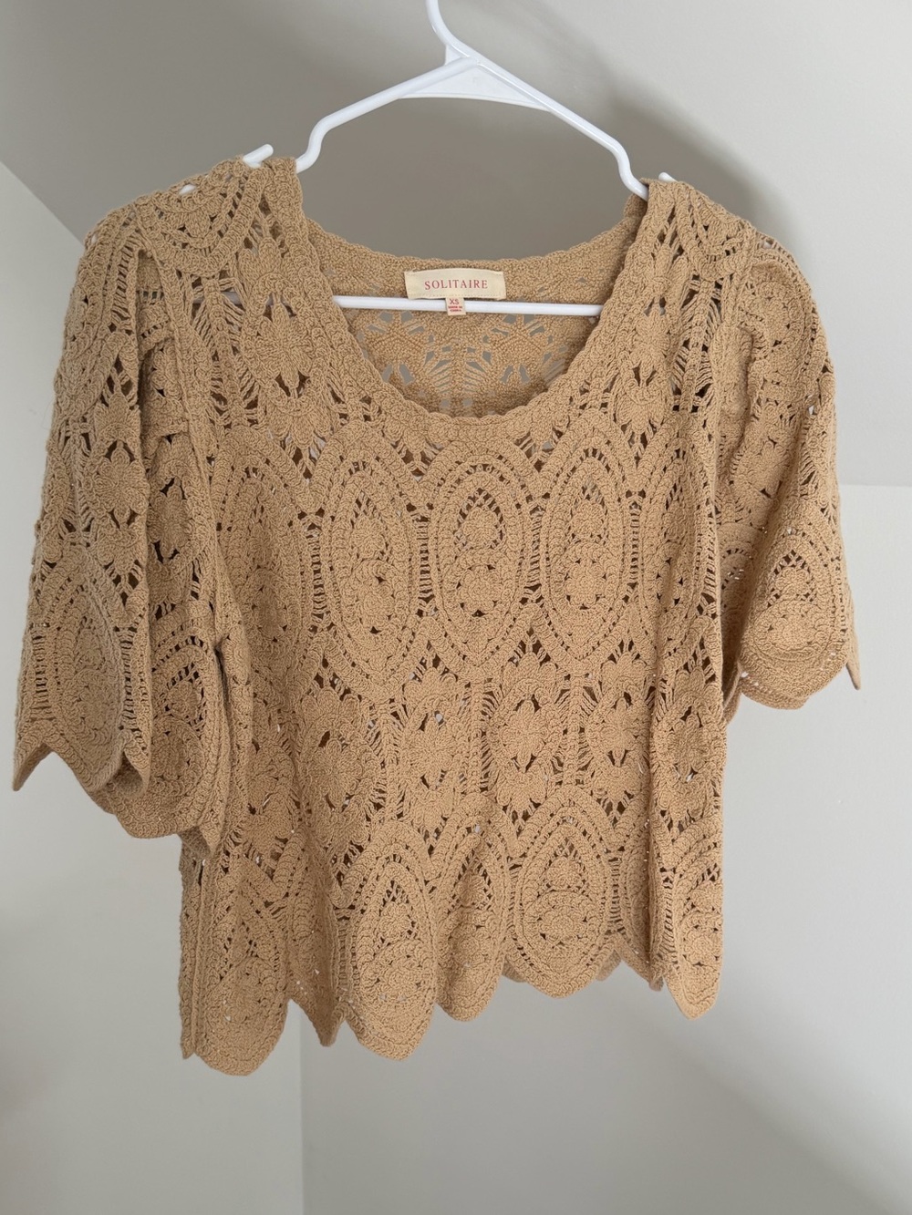 Solitaire Crocheted Short Sleeve Top in Camel size XS